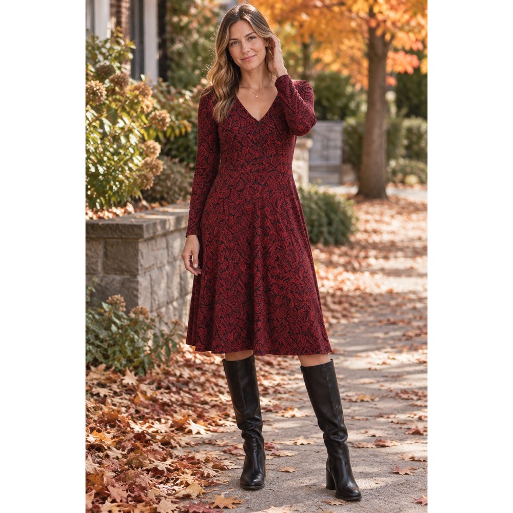 NWT Garnet Hill Red Black Leaf Print Long Sleeve V Neck Button Midi Dress Medium